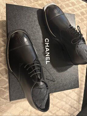 CHANEL Black Leather Derby Shoes with Silver Stud Trim